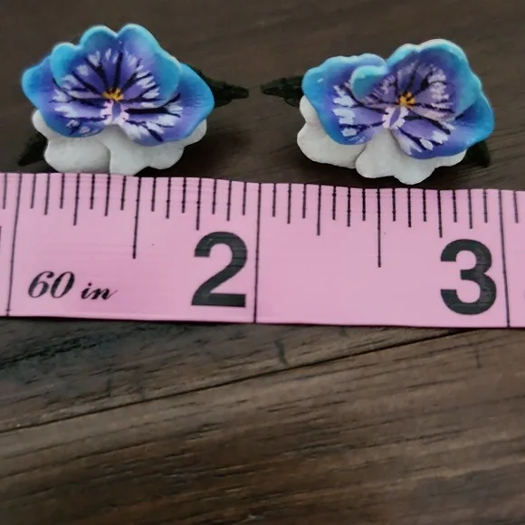 Hand Painted Leather Pansy Flower Earrings. - Picture 6 of 6